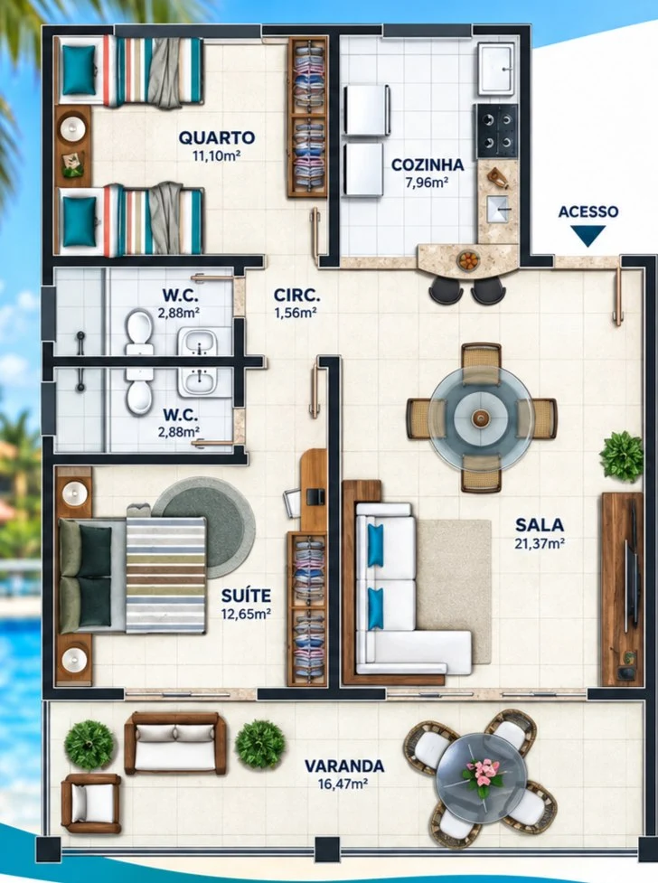 Planta do apartamento de 76 m² do Villa das Águas: sala, varanda, cozinha, suíte, quarto, dois banheiros e circulação