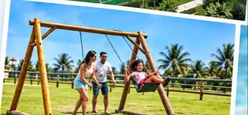 Família no balanço da área de brinquedos do Villa das Águas, com coqueiros ao fundo