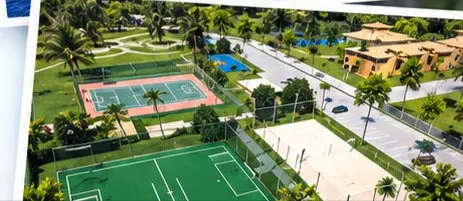 Vista aérea das quadras de tênis, vôlei de areia e campo de futebol society do Villa das Águas